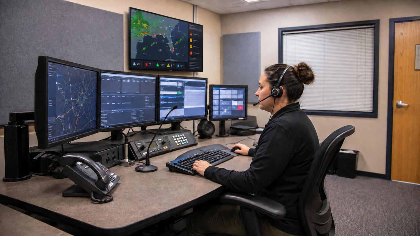 Public safety dispatcher sitting at dispatch console
